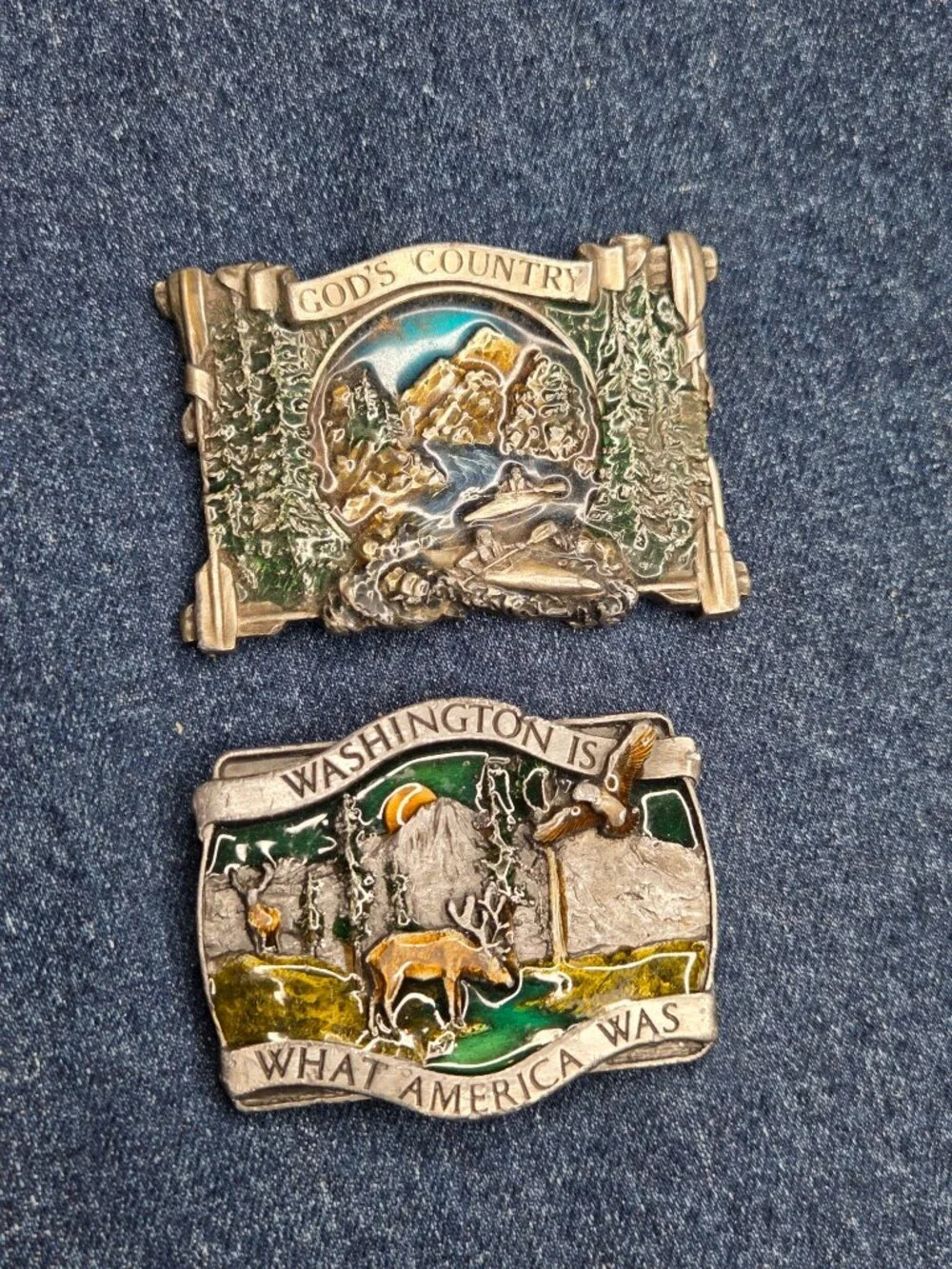 Lot of 2 - 1980s Bergamot Vintage God's Country & Washington Enamel Belt Buckles